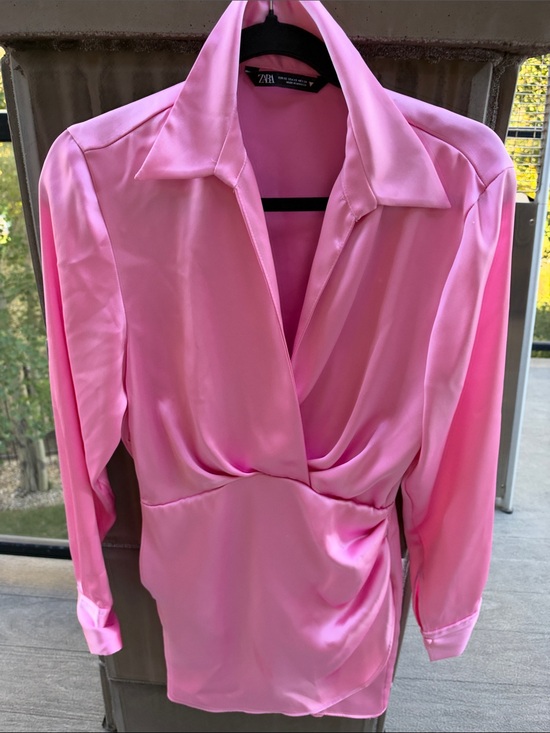 Zara Dresses & Skirts - Zara Pink Satin Wrap Long Sleeve Dress